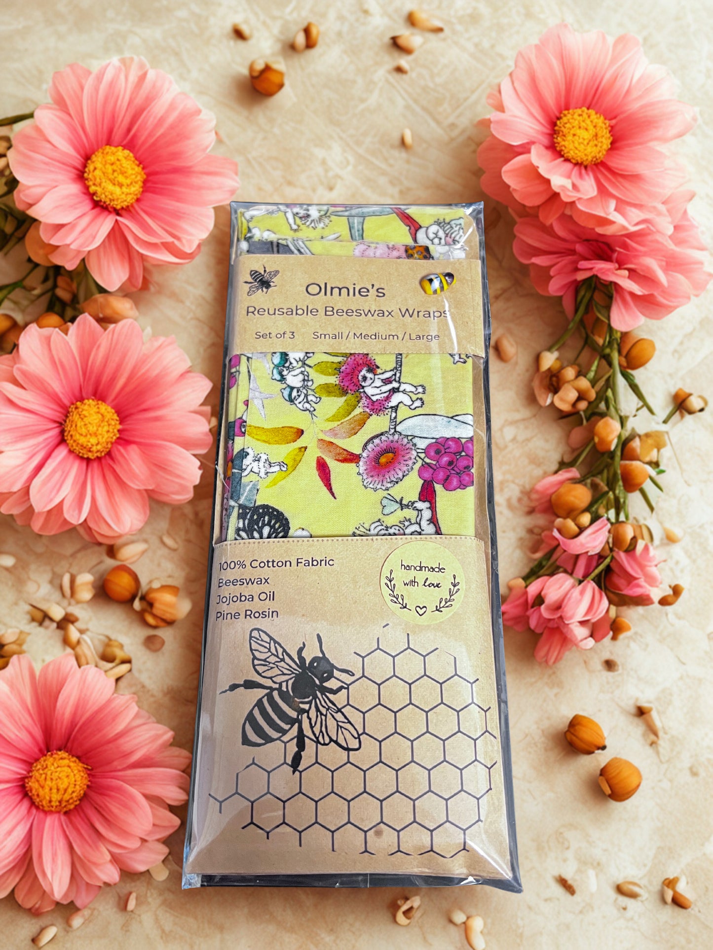 Reusable Beeswax Wraps set of 3 Small Medium & Large